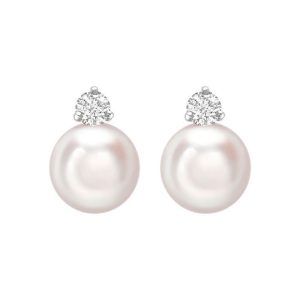 Cultured pearl and round brilliant cut diamond drop stud earring