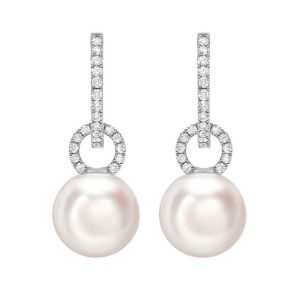 Akoya cultured pearl and diamond hoop drop earrings 0.30ct