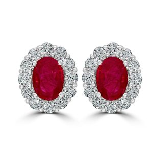 Oval cut ruby and round brilliant cut diamond stud earrings