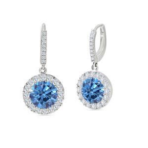 All round cut blue topaz and diamond cluster drop earrings