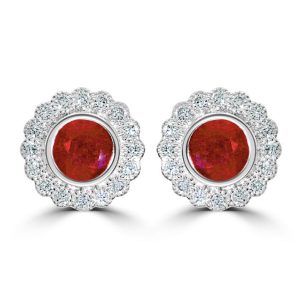 All round cut ruby and diamond cluster stud earrings