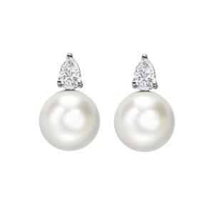 Pearl and pear shaped diamond earrings