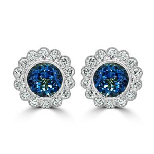 All round cut aquamarine and diamond cluster stud earrings