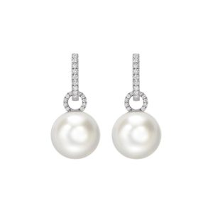 Cultured pearl and round brilliant cut diamond drop earrings