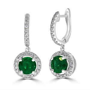 All round cut emerald and diamond cluster drop earrings