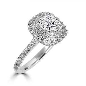 Cushion cut diamond cluster ring with diamond shoulders