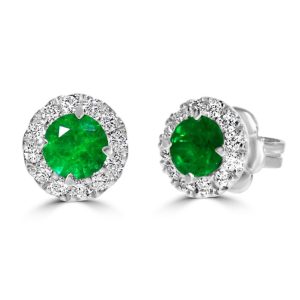 All round cut emerald and diamond stud earrings