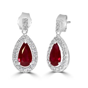 Pear shape ruby and round brilliant cut diamond cluster drop earrings