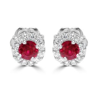 All round cut ruby and diamond cluster stud earrings