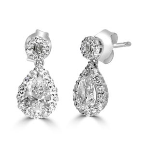 Pear shape and round brilliant cut diamond cluster drop earrings 1.44ct