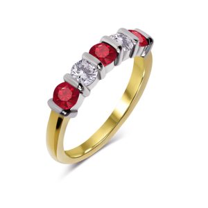 Five stone all round cut ruby and diamond ring