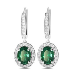 Oval cut emerald and round brilliant cut diamond cluster drop earrings