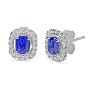 Cushion cut sapphire and round brilliant cut diamond cluster stud earrings