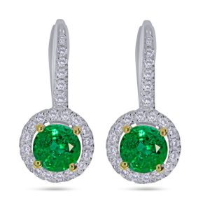 All round cut emerald and diamond cluster drop earrings
