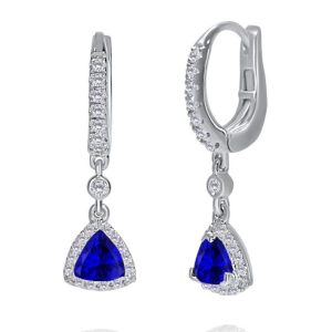 Trilliant cut sapphire and round brilliant cut diamond cluster drop earrings