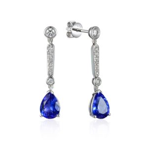Pear shape tanzanite and round brilliant cut diamond long drop earrings