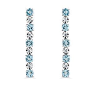 All round cut aquamarine and diamond long drop earrings