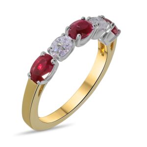 Five stone all oval cut ruby and diamond ring