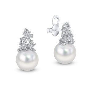 South sea pearl, marquise cut and round brilliant cut diamond drop stud earrings