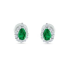 Pear shape emerald and round brilliant cut diamond cluster stud earrings