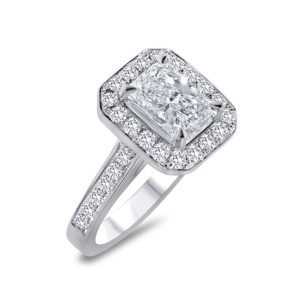 Radiant cut diamond cluster ring with diamond shoulders