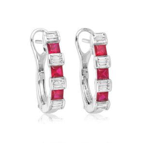 Square cut ruby and baguette cut diamond hoop earrings
