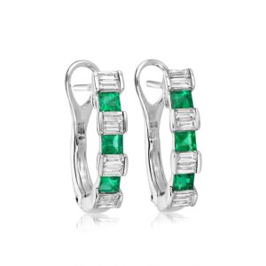 Square cut emerald and baguette cut diamond hoop earrings