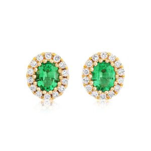 Emerald and diamond cluster stud earrings