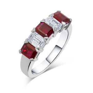 Ruby and diamond emerald cut five stone ring