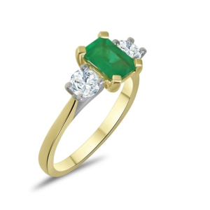 Three stone octagonal emerald and round brilliant cut diamond ring