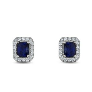 Octagonal cut sapphire and round brilliant cut diamond cluster stud earrings