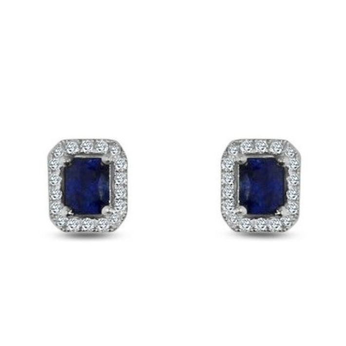 Octagonal cut sapphire and round brilliant cut diamond cluster stud earrings