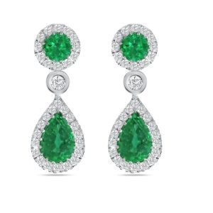 Pear shape and round cut emerald and diamond cluster drop earrings