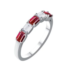 Five stone all emerald cut ruby and diamond ring